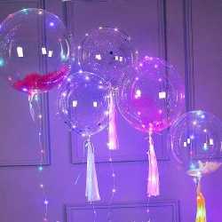 Светящиеся Шары Bubble (Баблс-Бобо) с гелием, перьями и светящейся лентой